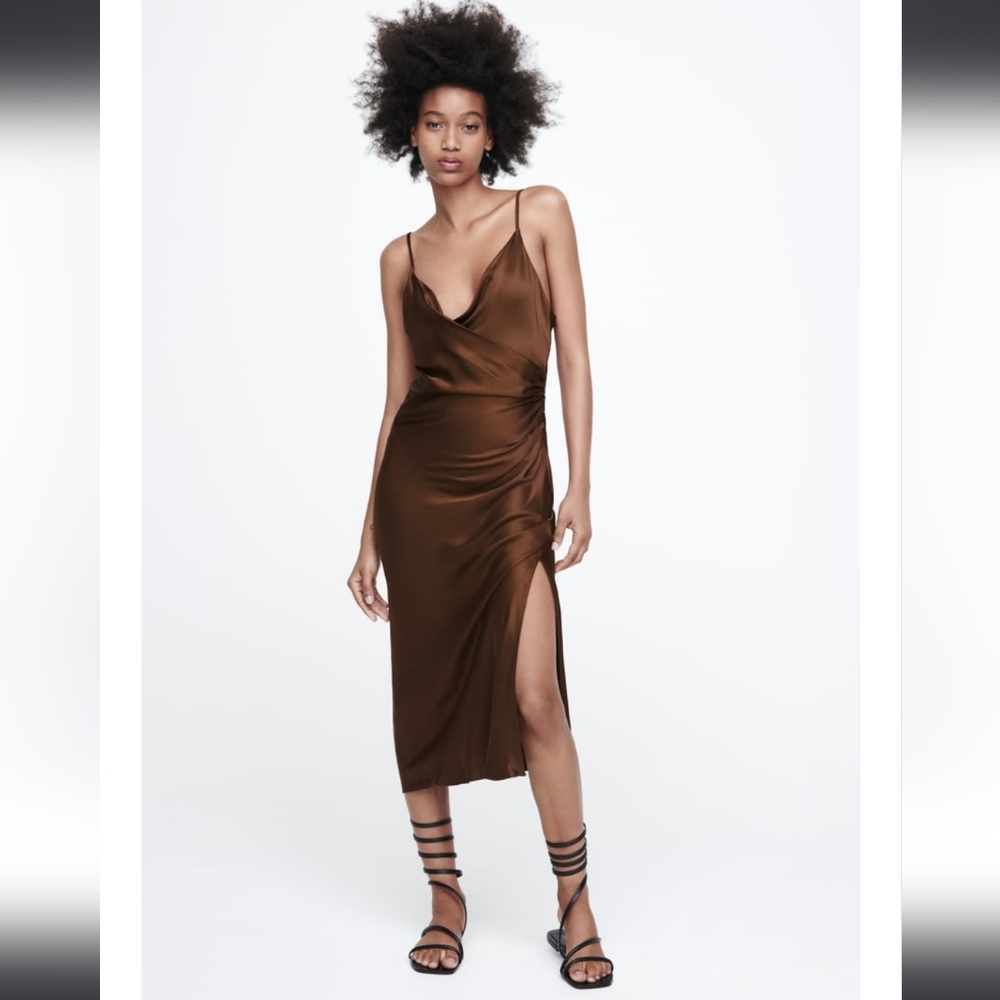 Zara Chocolate Brown Satin Cowl Midi Dress